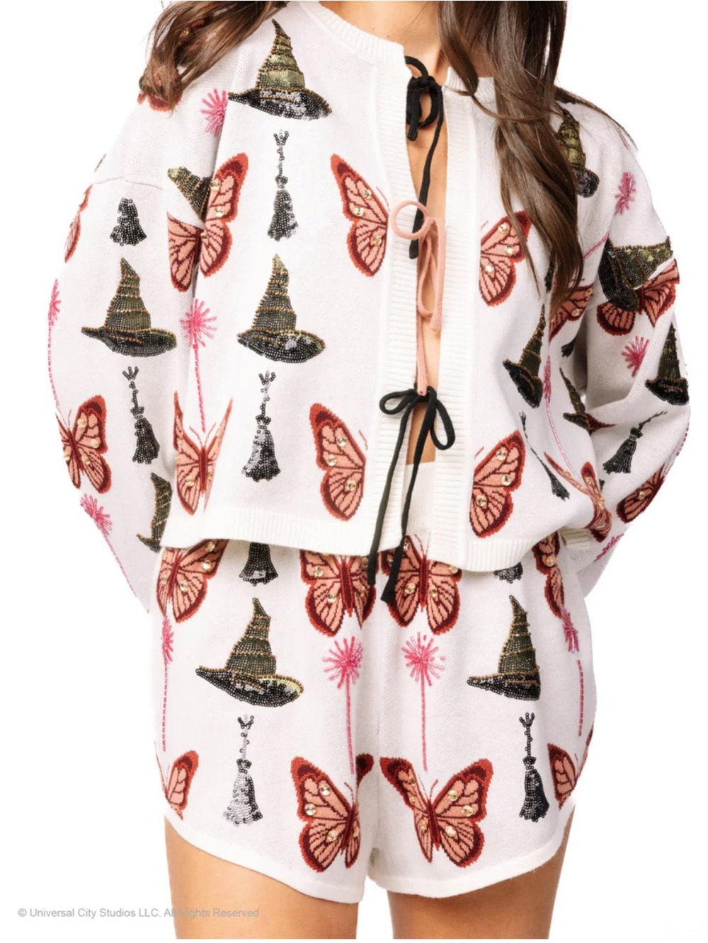 QUEEN OF SPARKLES White Sweater Cardigan & Shorts Set with Red Butterfly Motif,
